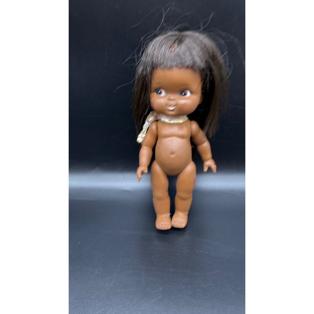 Vintage 6 Inch Brown Vinyl Doll Side Glance Eyes Rooted Dark Hair Souvenir Toy